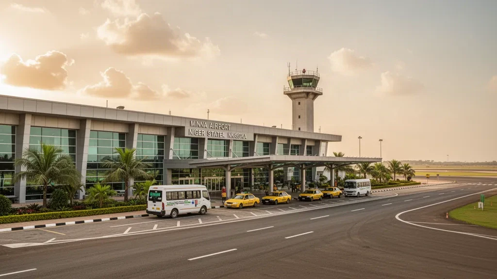 Modern domestic terminal exterior at Minna Airport in Nigeria, with drop-off lane, taxi area, control tower and warm afternoon light.