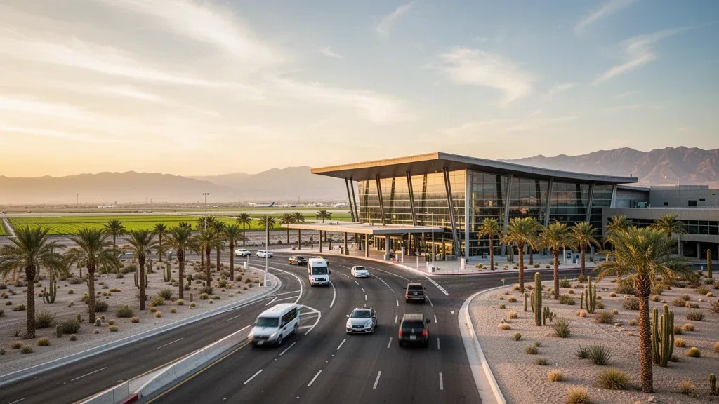 Modern glass terminal exterior at General Rodolfo Sánchez Taboada International Airport in Mexicali at golden hour