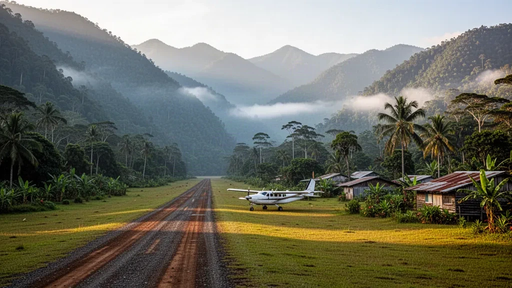 Piste d'atterrissage isolée en altitude à l'aéroport de Mindik en Papouasie-Nouvelle-Guinée, entourée de forêt tropicale et de crêtes montagneuses brumeuses au lever du soleil