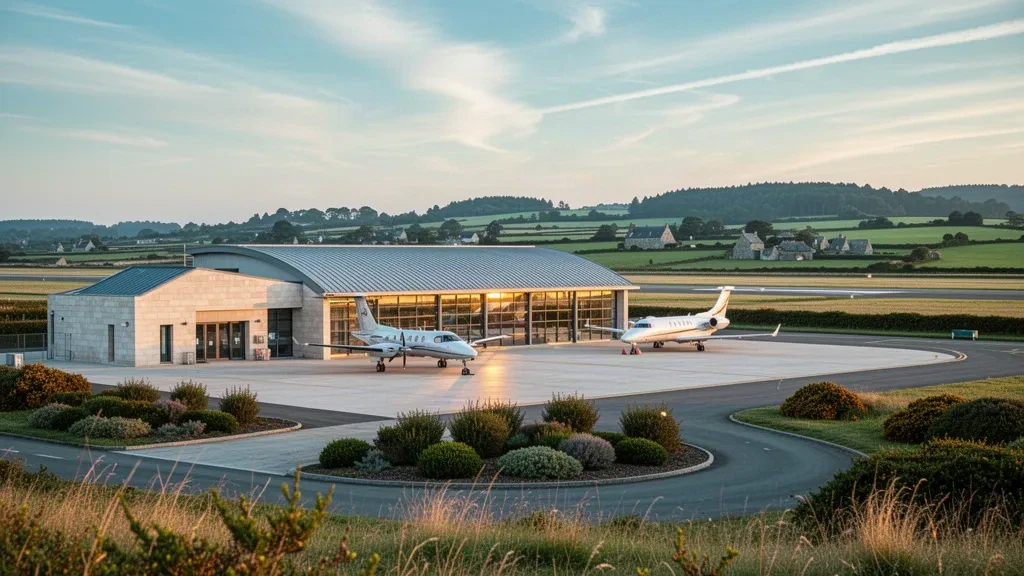 Low-rise glass terminal and apron with light aircraft at Morlaix-Ploujean Airport in Brittany, France, photographed at golden hour.