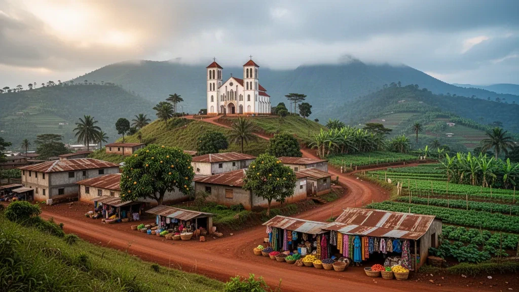 La catedral de Bafoussam se alza sobre el verde paisaje urbano de las tierras altas de la Región Occidental de Camerún bajo una suave luz de la tarde