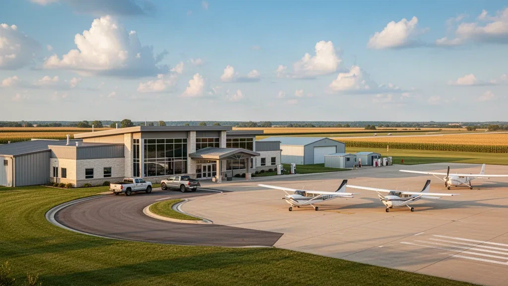 Kleines Terminal für die allgemeine Luftfahrt, Vorfeld und Leichtflugzeuge am Monticello Regional Airport im ländlichen Iowa unter einem weiten Himmel des Mittleren Westens