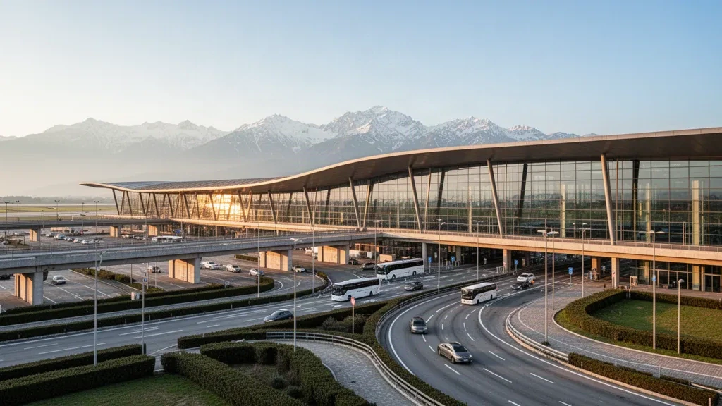 Moderne Glasfassade des Terminals und Bringspuren am Flughafen Mailand Malpensa zur goldenen Stunde, mit Alpengipfeln am Horizont
