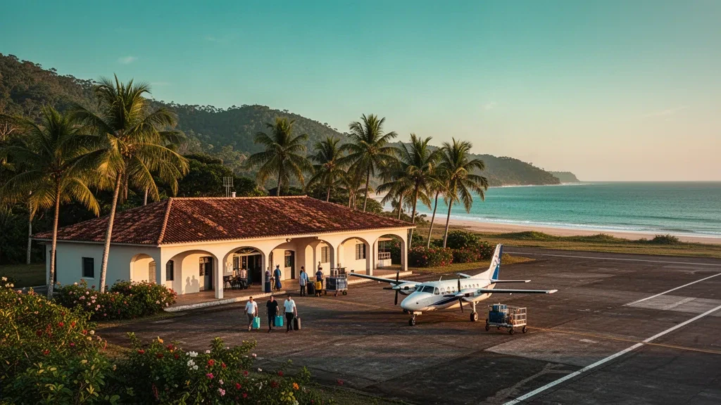 Terminal tropical al aire libre y plataforma rodeada de palmeras en el Aeropuerto Lorenzo que sirve a Morro de São Paulo, Bahía, Brasil, con luz dorada de la tarde