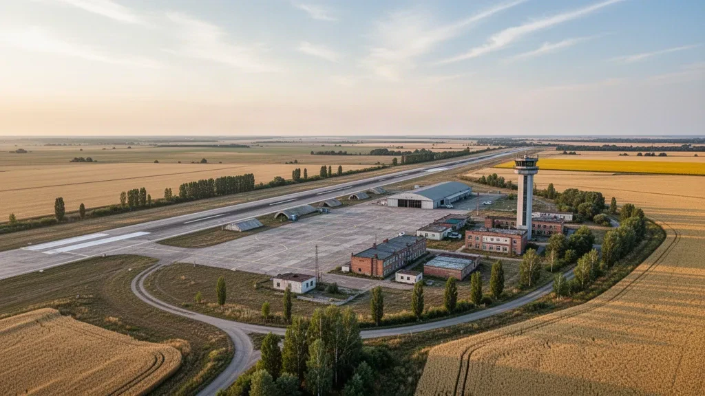 Luftaufnahme des Militärflugplatzes Myrhorod in der Ukraine mit langer Start- und Landebahn, Rollwegen und umliegendem Ackerland zur goldenen Stunde