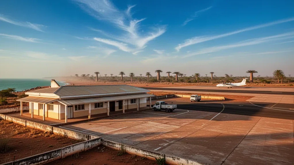 Petit terminal d'aéroport côtier et tarmac à l'aéroport de Maintirano dans l'ouest de Madagascar, entourés d'arbres tropicaux secs sous un ciel doré brumeux