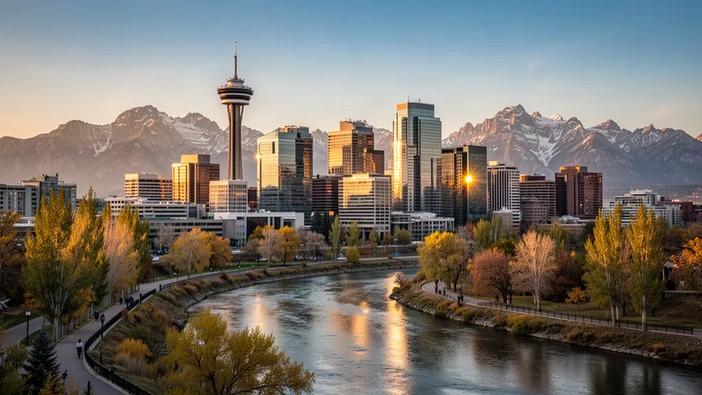 Ligne d'horizon du centre-ville de Calgary avec la tour de Calgary et la rivière Bow à l'heure dorée en Alberta, Canada