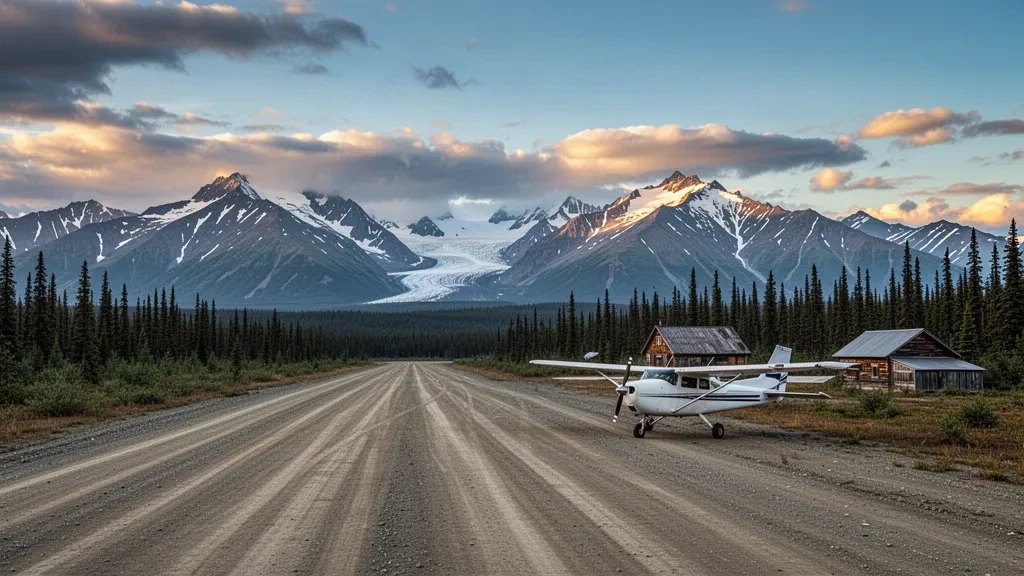 Pista di atterraggio remota in ghiaia all'Aeroporto di McCarthy in Alaska, delimitata da foresta di abeti rossi e dalle Montagne Wrangell innevate sotto una luce mattutina soffusa