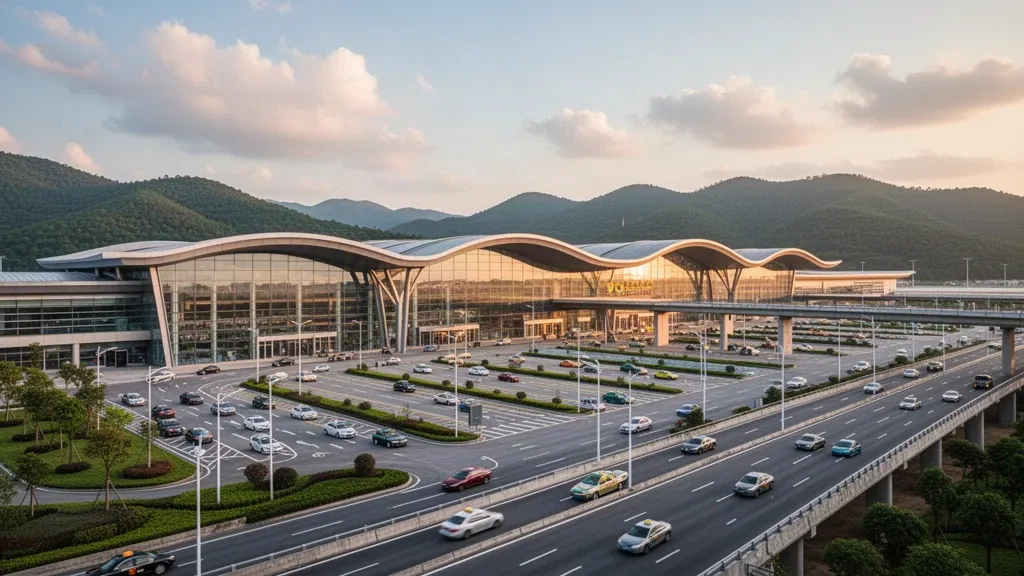Meizhou Meixian Changgangji Uluslararası Havalimanı'nda yeşil tepelerin arka planını oluşturduğu modern cam terminal binasının dış görünümü.