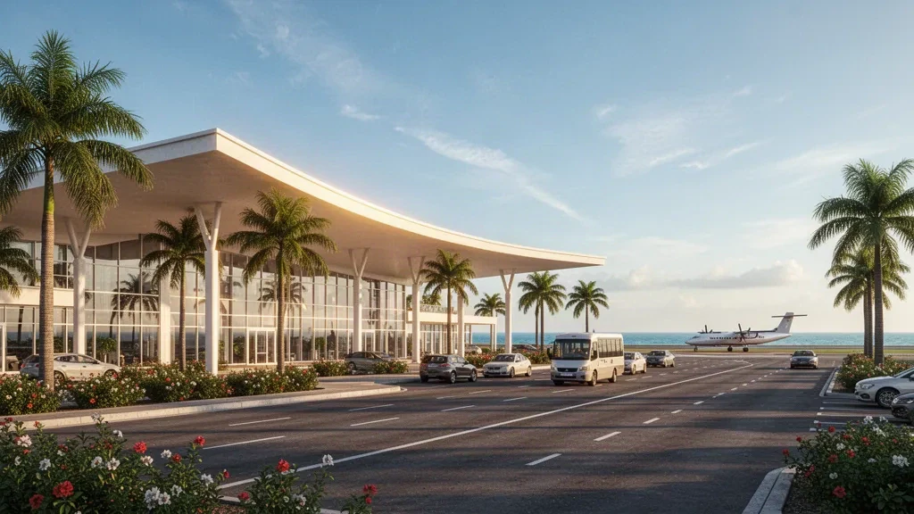 Kenya'nın kıyı bölgesindeki Malindi Uluslararası Havalimanı'nda palmiye ağaçlarıyla çevrili, parlak tropik gökyüzü altındaki modern terminal binası