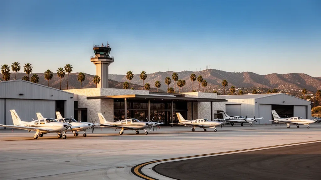 Veduta all'ora d'oro di aerei leggeri ed hangar sul piazzale dell'aeroporto Montgomery-Gibbs Executive a San Diego, California.