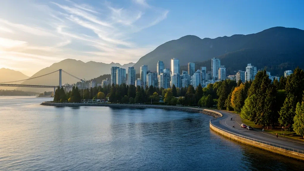 Vancouver skyline at golden hour with North Shore Mountains, Stanley Park seawall and Lions Gate Bridge over the harbour