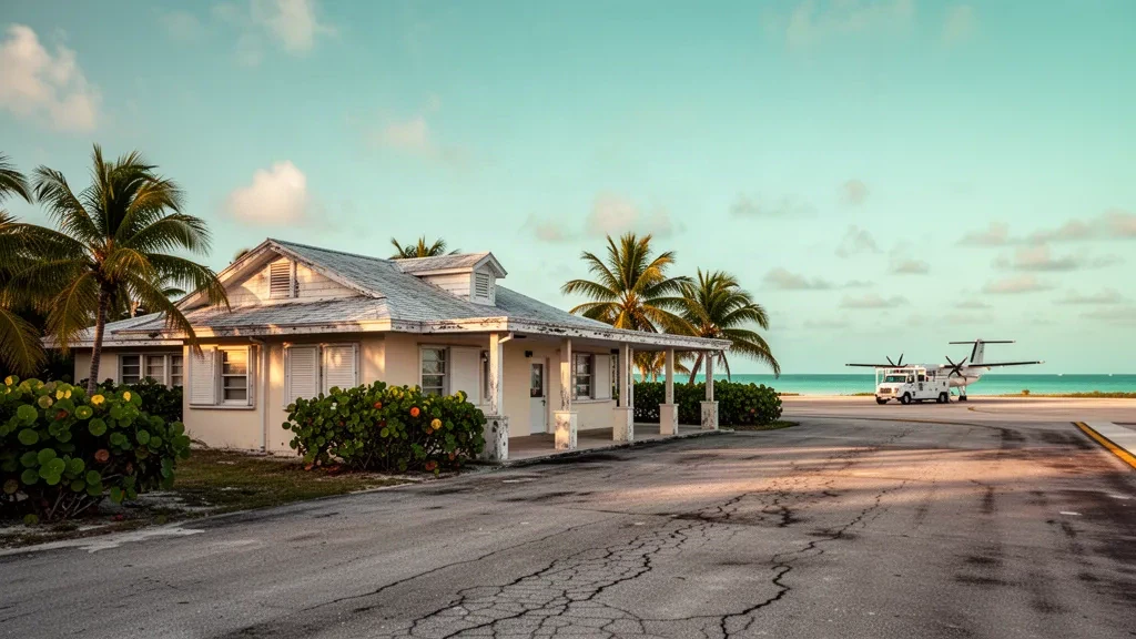 Kleines Flughafenterminal und Startbahn auf einer karibischen Insel auf Mayaguana, Bahamas, zur goldenen Stunde mit Palmen und offenem Himmel
