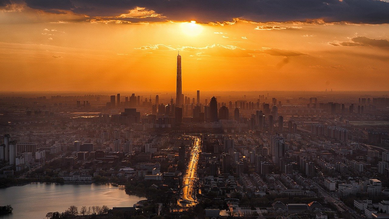 tianjin, coucher de soleil, ville, vue aérienne, vue urbaine, ligne d'horizon, paysage urbain, urbain, environnement urbain, nature, gratte-ciel, métropole, panorama, crépuscule, tour, soleil, haut, futuriste