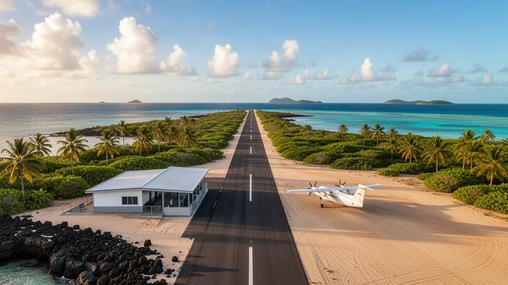 Tropical airstrip and turquoise reef waters at Murray Island Airport in the Torres Strait, Queensland