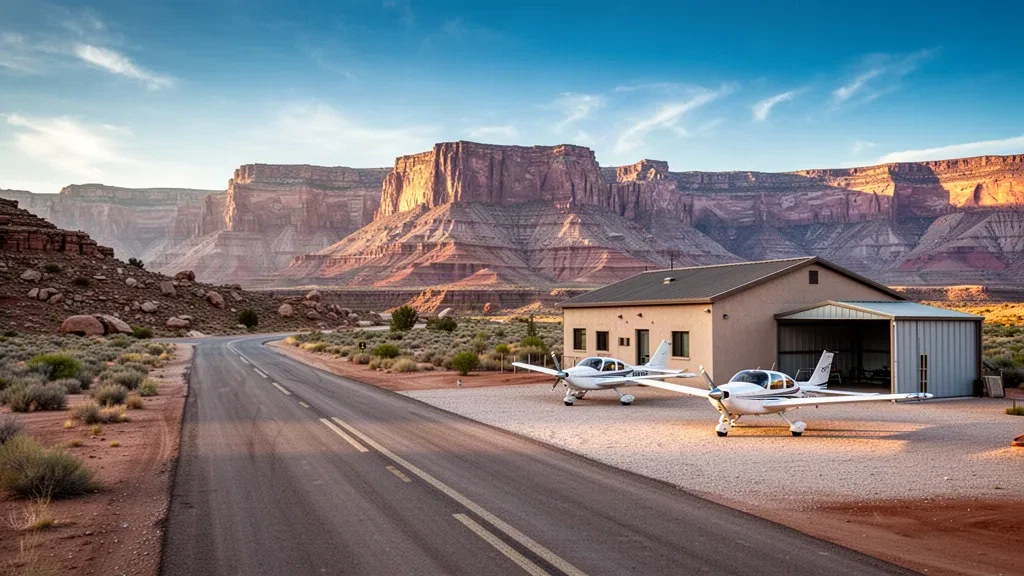 Petit aérodrome désertique à l'aéroport de Marble Canyon en Arizona avec un avion léger, des falaises de canyon rouges et une lumière dorée