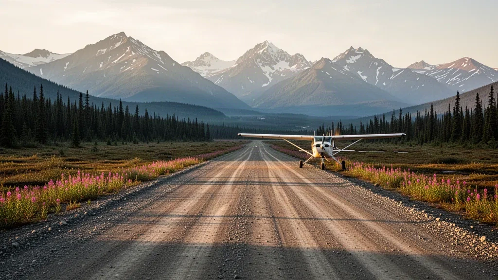 Gravel bush runway at May Creek Airport in Alaska, framed by spruce forest and the Wrangell Mountains at golden hour