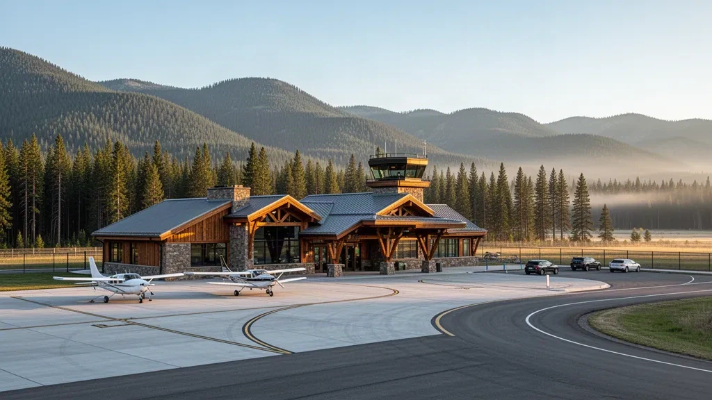 Terminal aus Holz und Glas am McCall Municipal Airport in Idaho mit kleinen Flugzeugen auf dem Vorfeld und kiefernbedeckten Bergen im Hintergrund