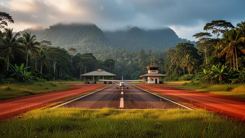 Piste d'atterrissage tropicale isolée à l'aéroport de Monkey Mountain en Guyana, entourée de forêt tropicale et de montagnes brumeuses sous une lumière chaude d'après-midi.