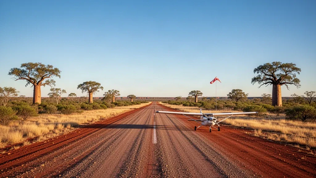 Pista remota de grava en el aeropuerto de Myroodah Station, Australia Occidental, con una pequeña avioneta bajo un amplio cielo azul