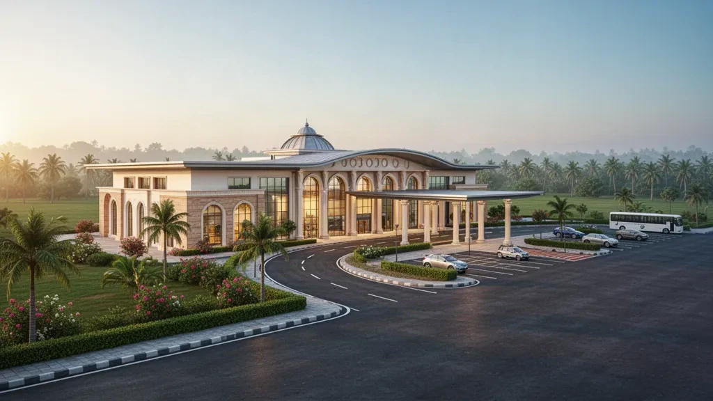 Modernes Terminal aus Glas und Sandstein mit bogenförmigem Eingang und Vorfahrtsbereich am Flughafen Mysore in Karnataka, Indien, in warmem Nachmittagslicht