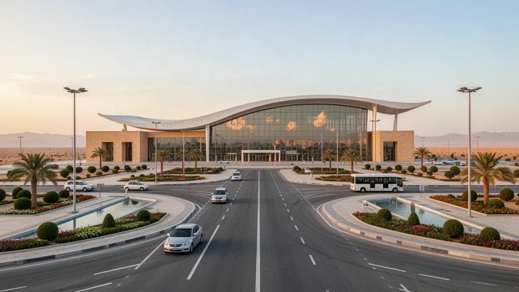 Esterno moderno in vetro del terminal dell'Aeroporto Internazionale di Mary in Turkmenistan, con piazzale paesaggistico e orizzonte desertico all'ora d'oro