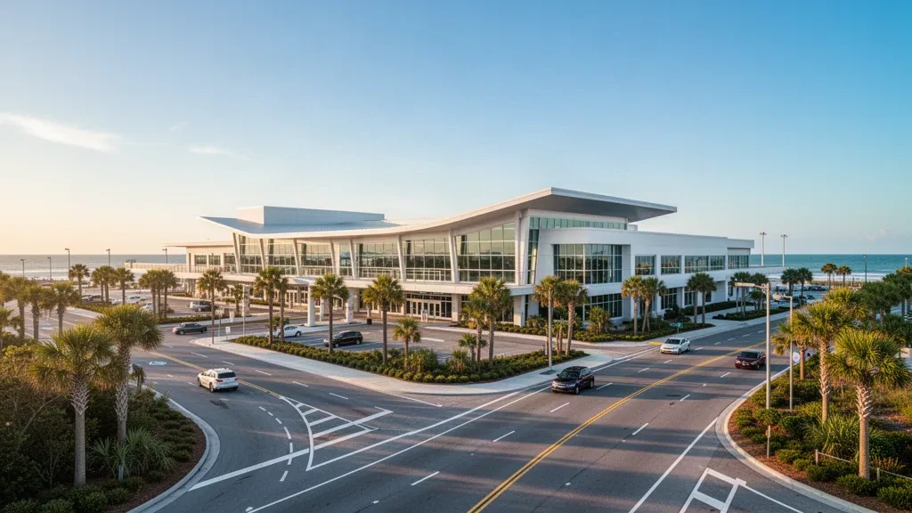 Vue panoramique de l'extérieur du terminal de l'aéroport international de Myrtle Beach avec des palmiers et des voies de dépose à l'heure dorée