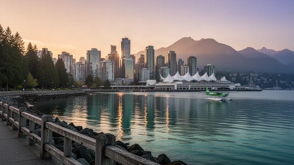 Skyline von Vancouver und die North Shore Mountains vom Stanley Park Seawall zur goldenen Stunde in British Columbia, Kanada