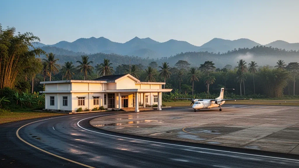 Flaches Terminal und Vorfeld am Flughafen Myitkyina im Bundesstaat Kachin, Myanmar, eingerahmt von grünen tropischen Hügeln zur goldenen Stunde