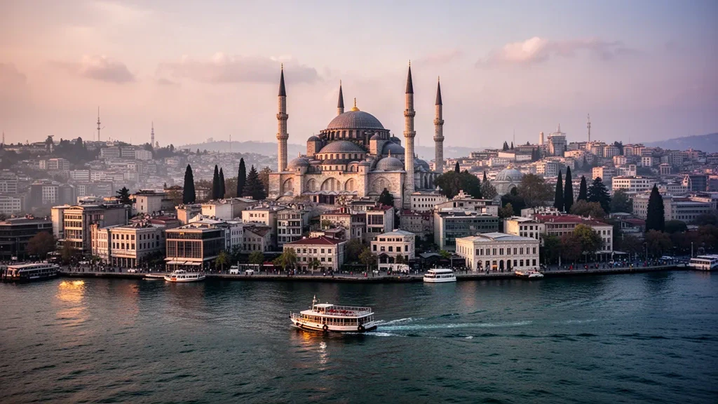 Vue à l'heure dorée sur les minarets et les toits historiques d'Istanbul se reflétant sur le Bosphore en Turquie