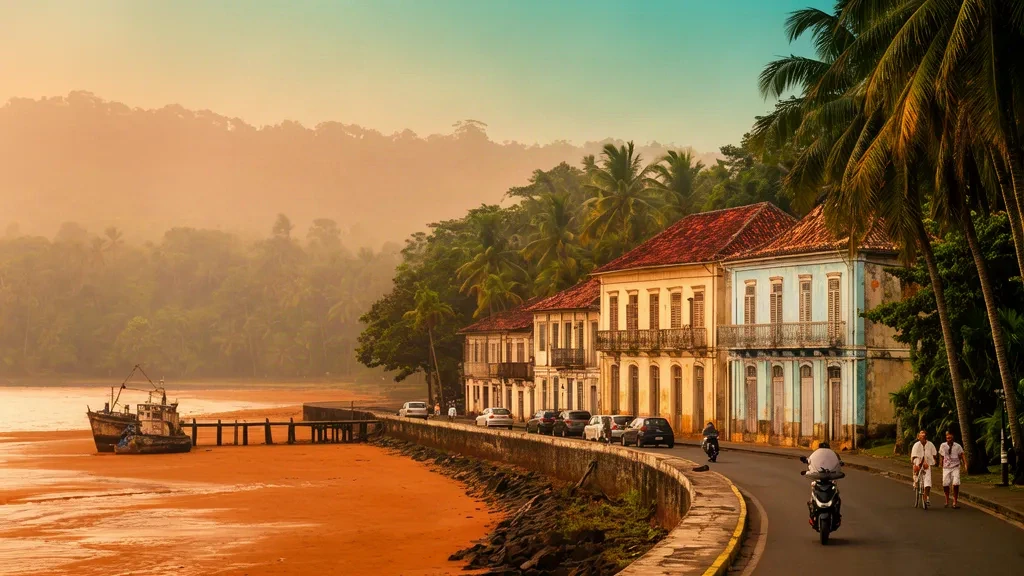 Vue à l'heure dorée du front de mer de Cayenne avec des bâtiments coloniaux créoles, des palmiers et des bateaux de pêche en Guyane, en Amérique du Sud
