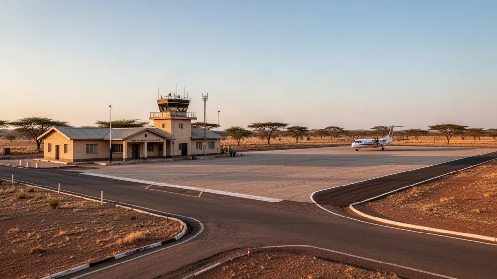 Terminal basso e piazzale pavimentato all'Aeroporto di Moyale, nell'Etiopia meridionale, con luce diurna limpida