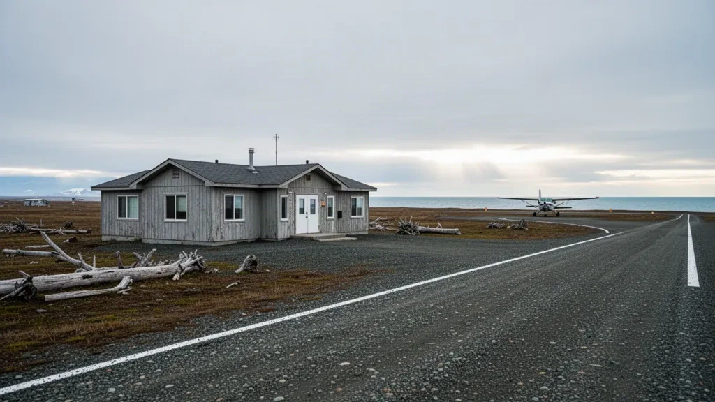 Alaska, Nunivak Adası'ndaki Mekoryuk Havaalanı'nda bulunan küçük çakıl pist ve mütevazı terminal, kapalı bir Bering Denizi gökyüzünün altında