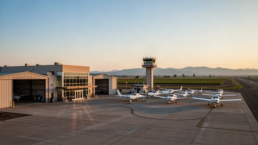 Kaliforniya'daki Yuba County Havaalanı'nın altın saat görünümü, terminal ve hangarların yanındaki apronda park etmiş küçük uçaklar