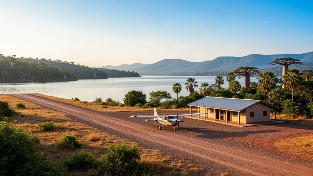 Small propeller aircraft and low terminal building beside the gravel airstrip at Monkey Bay Airport near Lake Malawi at golden hour
