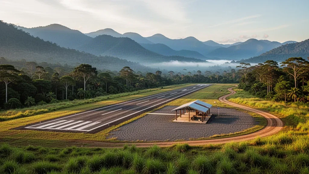 Pista de aterrizaje remota en las tierras altas del aeropuerto de Menyamya, en Papúa Nueva Guinea, con crestas montañosas y bosque tropical bajo una luz dorada.