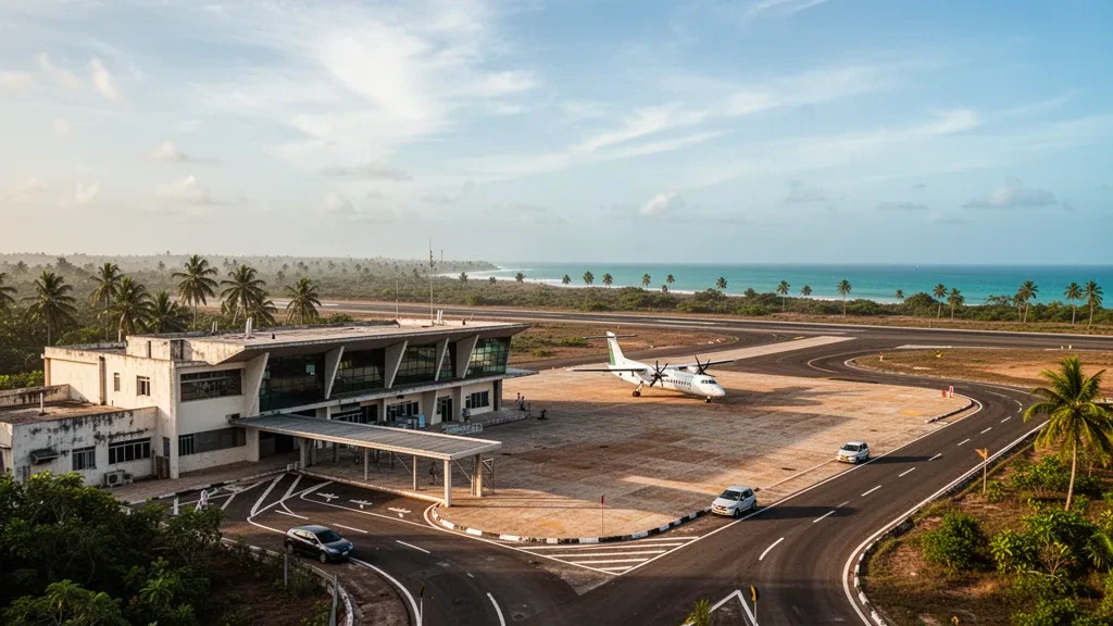 Coastal terminal and runway at Mocímboa da Praia Airport in Cabo Delgado, Mozambique, in warm tropical afternoon light
