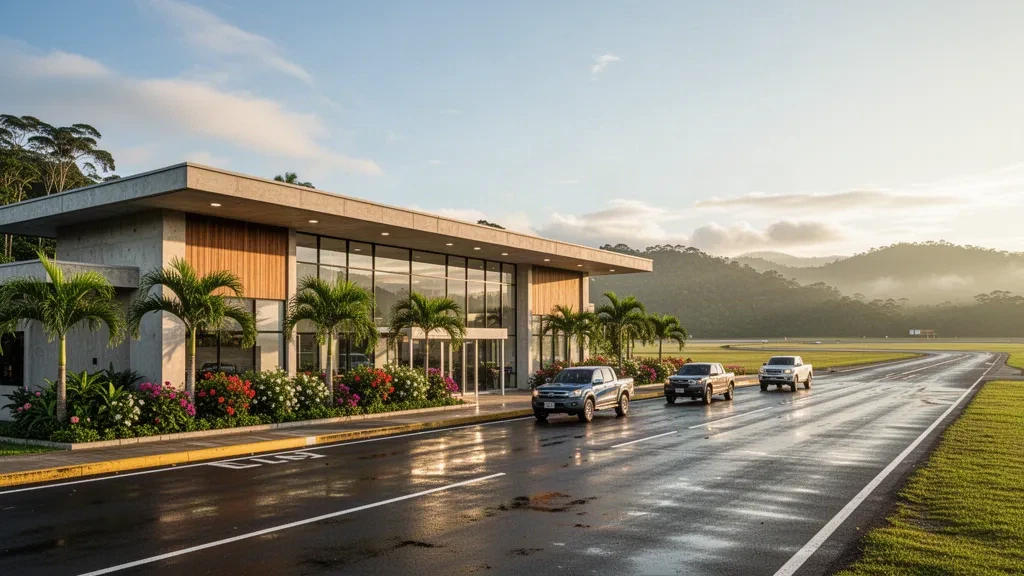 Esterno del terminal moderno dell'Aeroporto Mayor PNP Nancy Flores Paucar a Moyobamba, Perù, circondato dalla vegetazione amazzonica durante l'ora d'oro.