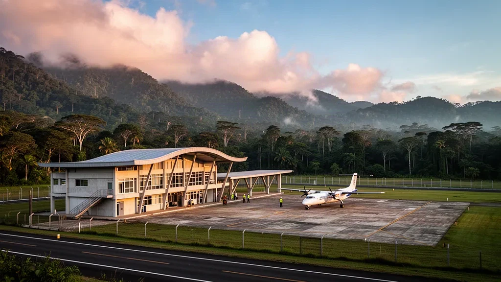 Piccolo terminal aeroportuale regionale e piazzale di sosta ai piedi delle montagne amazzoniche di Santiago de Méndez, in Ecuador, con sullo sfondo creste montuose verdi durante l'ora d'oro.