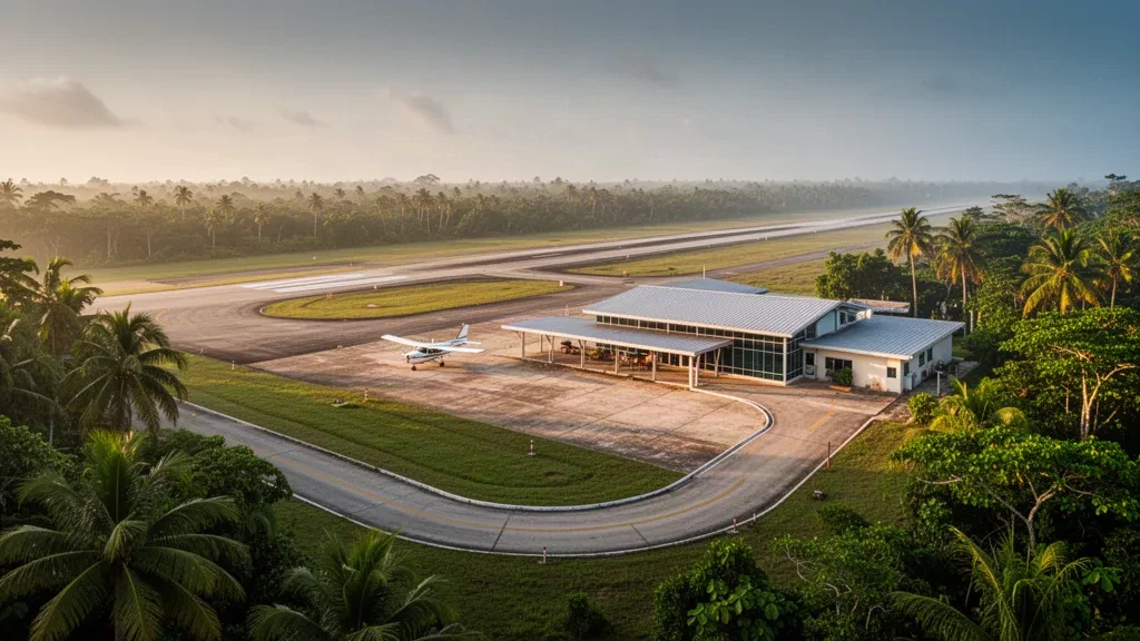 Aeroporto di Manatee in Belize con una pista tropicale asfaltata, un piccolo terminal ombreggiato e bordi fiancheggiati da palme nella calda luce dell'ora d'oro