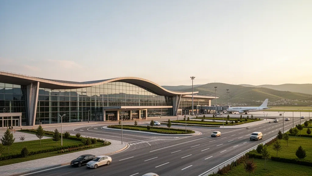 Exterior moderno de terminal acristalada en el aeropuerto de Amasya Merzifon con carriles de descenso, vías de acceso y colinas lejanas bajo una luz suave.