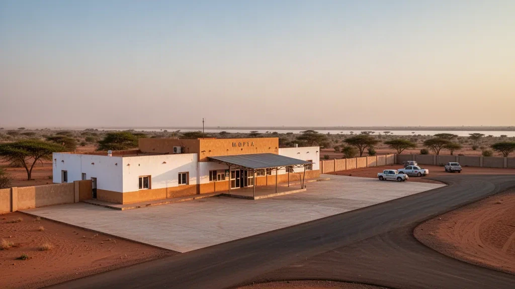 Veduta calda dell'ora d'oro del terminal dell'Aeroporto di Mopti in Mali, con la facciata bassa, il piazzale e la strada d'accesso nel paesaggio del Sahel