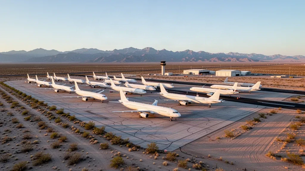 Abgestellte Verkehrsflugzeuge auf dem Wüsten-Vorfeld am Pinal Airpark bei Marana, Arizona, mit Startbahn und fernen Bergen zur goldenen Stunde.