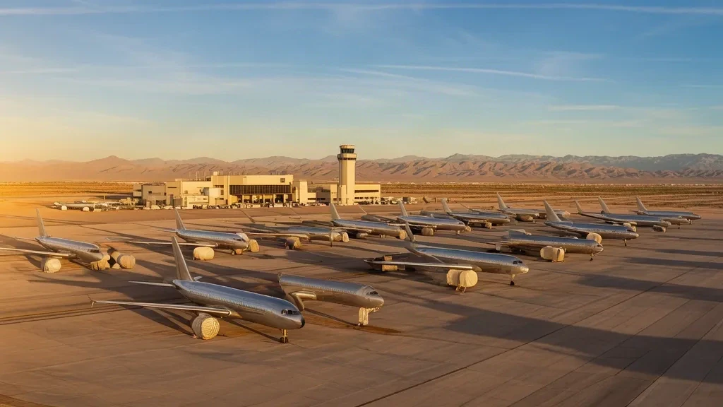 Filas de aviones comerciales almacenados en la plataforma del desierto en Pinal Airpark, en Marana, Arizona, bajo cielos despejados.