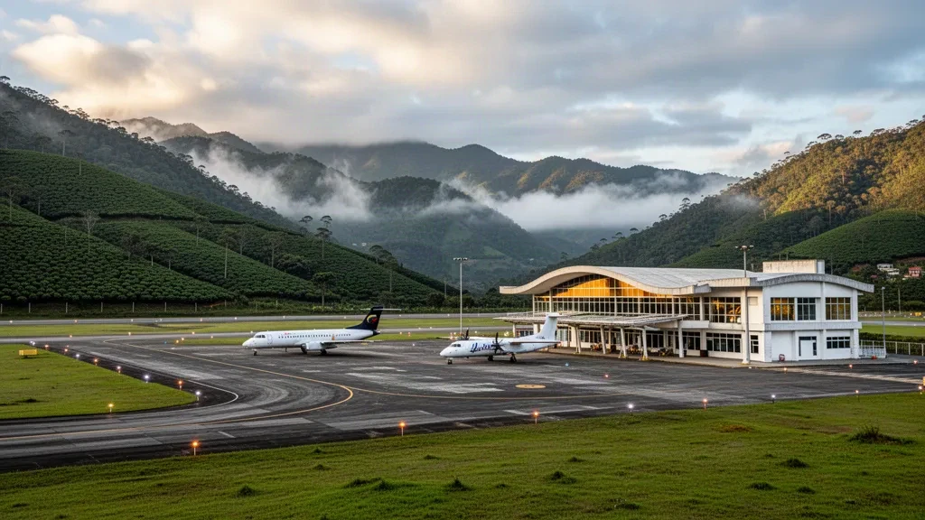 Terminal del Aeropuerto La Nubia en Manizales con crestas verdes de los Andes, colinas cafeteras brumosas y aeronaves en la plataforma a la hora dorada