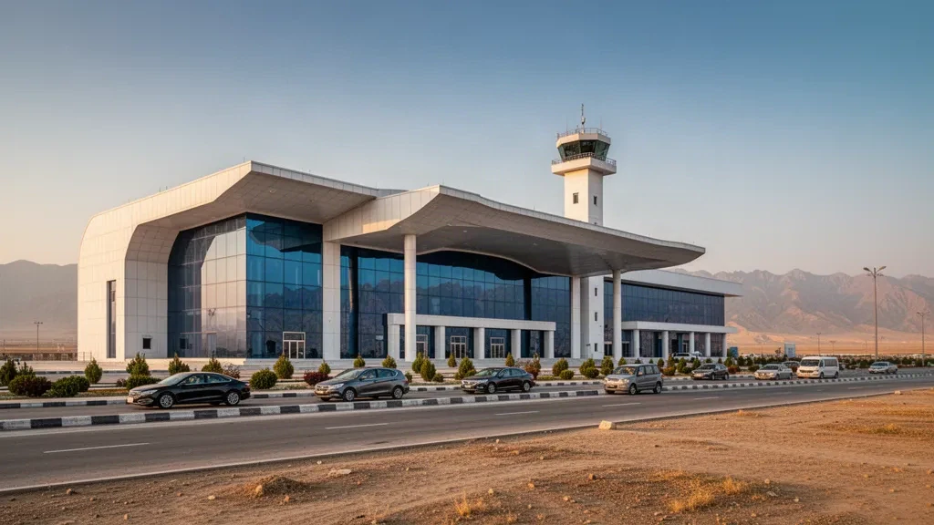 Modern glass terminal exterior at Mazar-i-Sharif International Airport in Afghanistan, framed by arid plains and distant mountains at golden hour