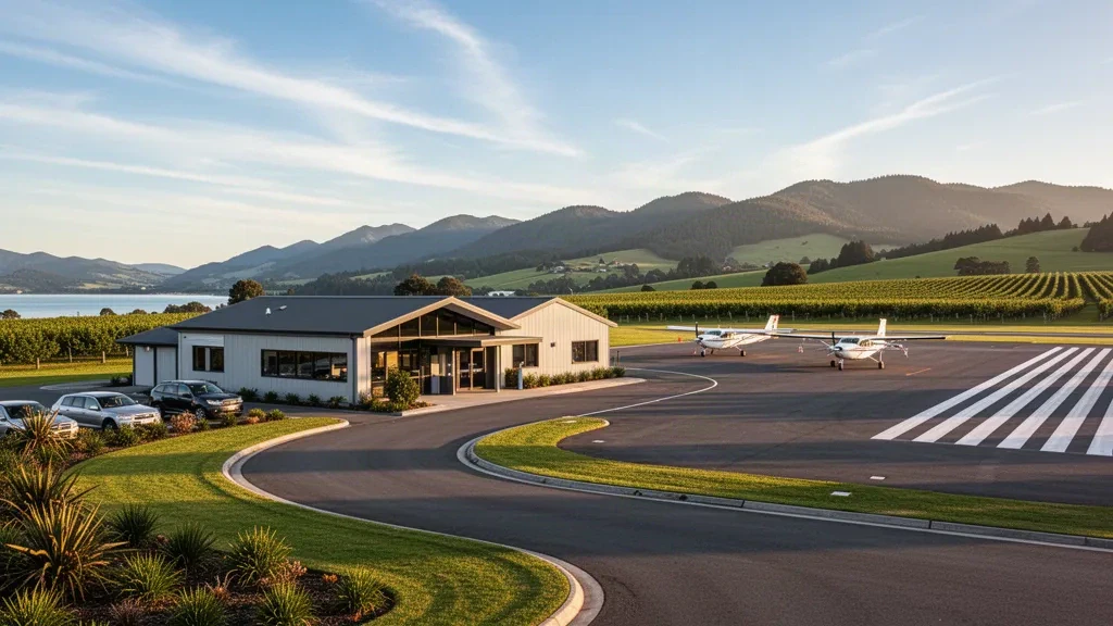 Terminal d'aérodrome régional de faible hauteur, allée de dépose et avion léger sur le tarmac de l'aéroport de Motueka en Nouvelle-Zélande