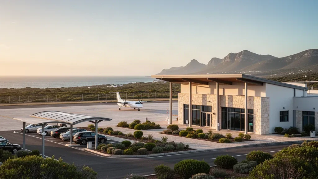 Terminal y plataforma del aeropuerto de Mossel Bay en la costa de la Garden Route de Sudáfrica durante la hora dorada, con colinas costeras al fondo