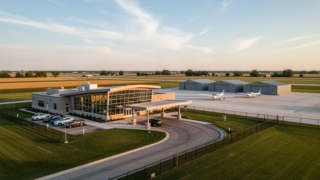 Vista al atardecer del aeropuerto municipal de Marion en Indiana, con una terminal de cristal, hangares y aviones ligeros en la plataforma.