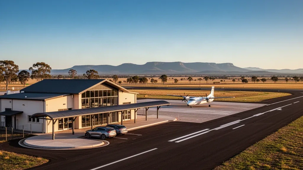 Veduta all'ora d'oro dell'edificio terminal regionale e del piazzale dell'Aeroporto di Narrabri nel New South Wales rurale, Australia.